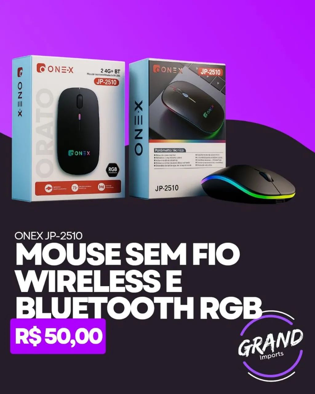 Mouse sem fio recarregável RGB