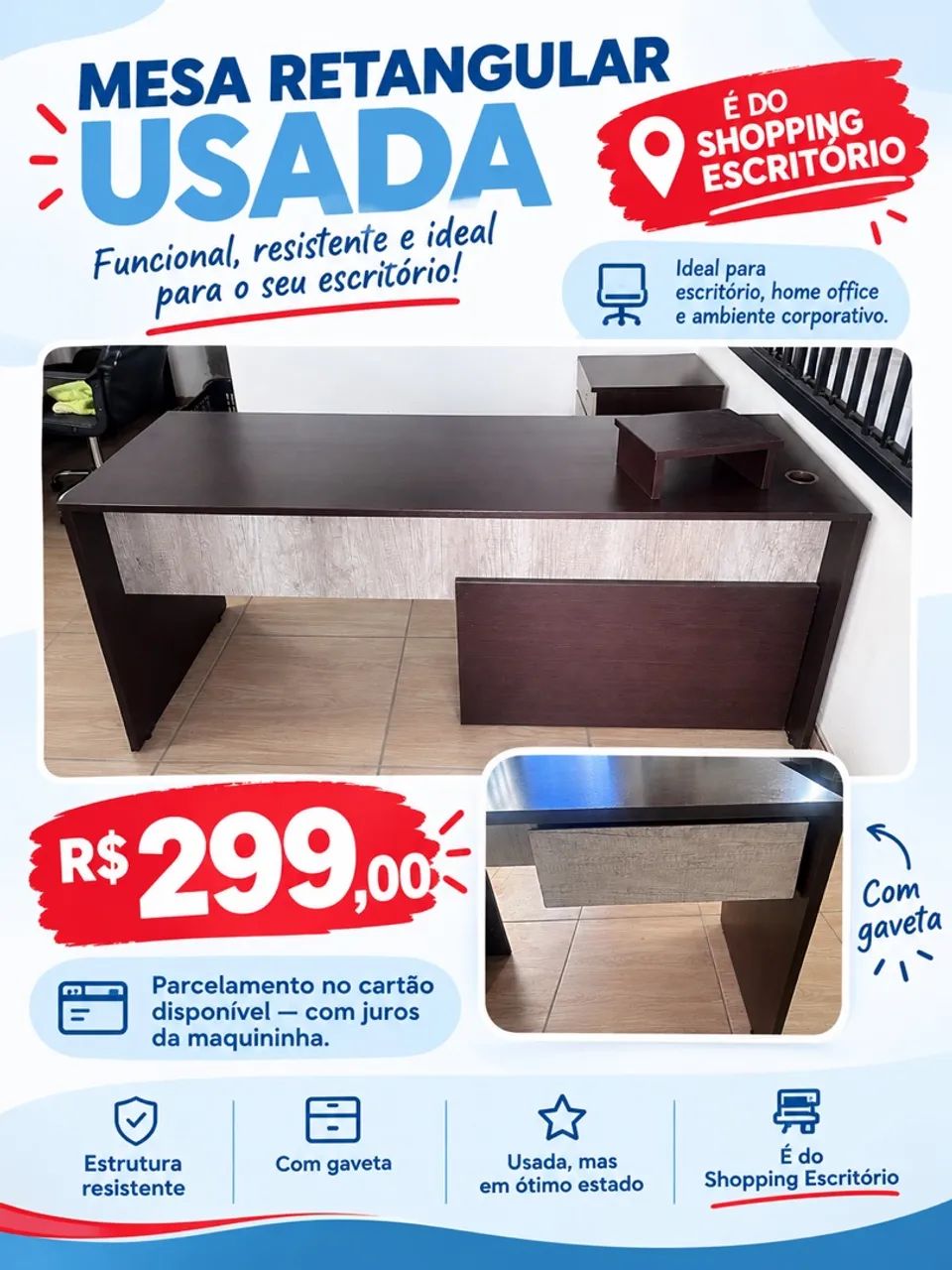 Mesa para escritório - Retangular - com gaveta 