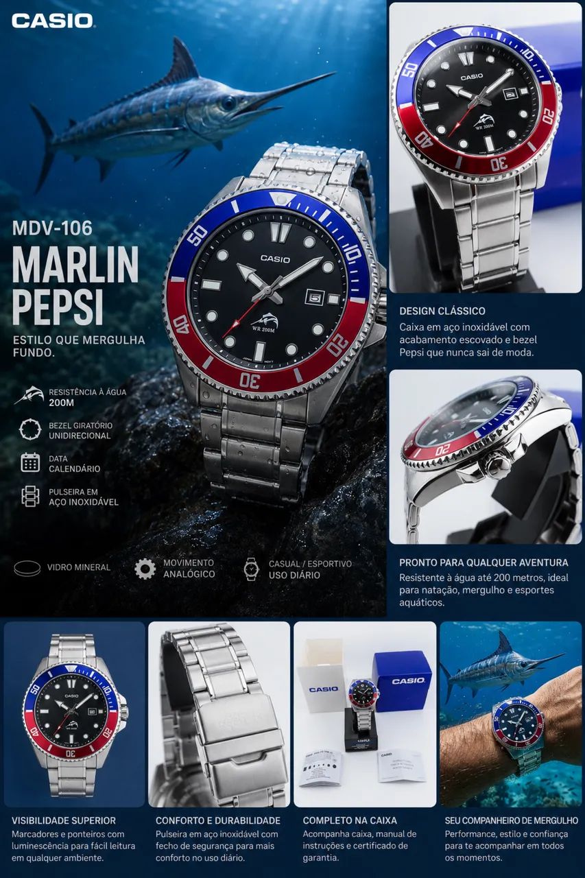 Relógio Casio mdv106 marlin pepsi original pulseira em metal  - Foto 2