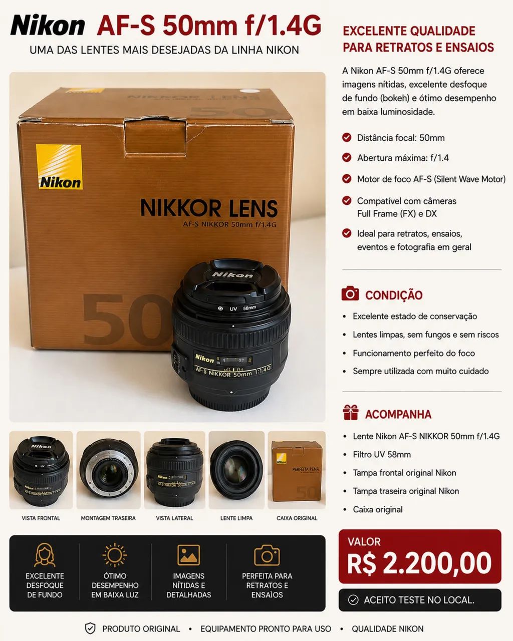 Lente Nikon AF-S NIKKOR 50mm f/1.4G - Excelente Estado | Completa - Foto 4