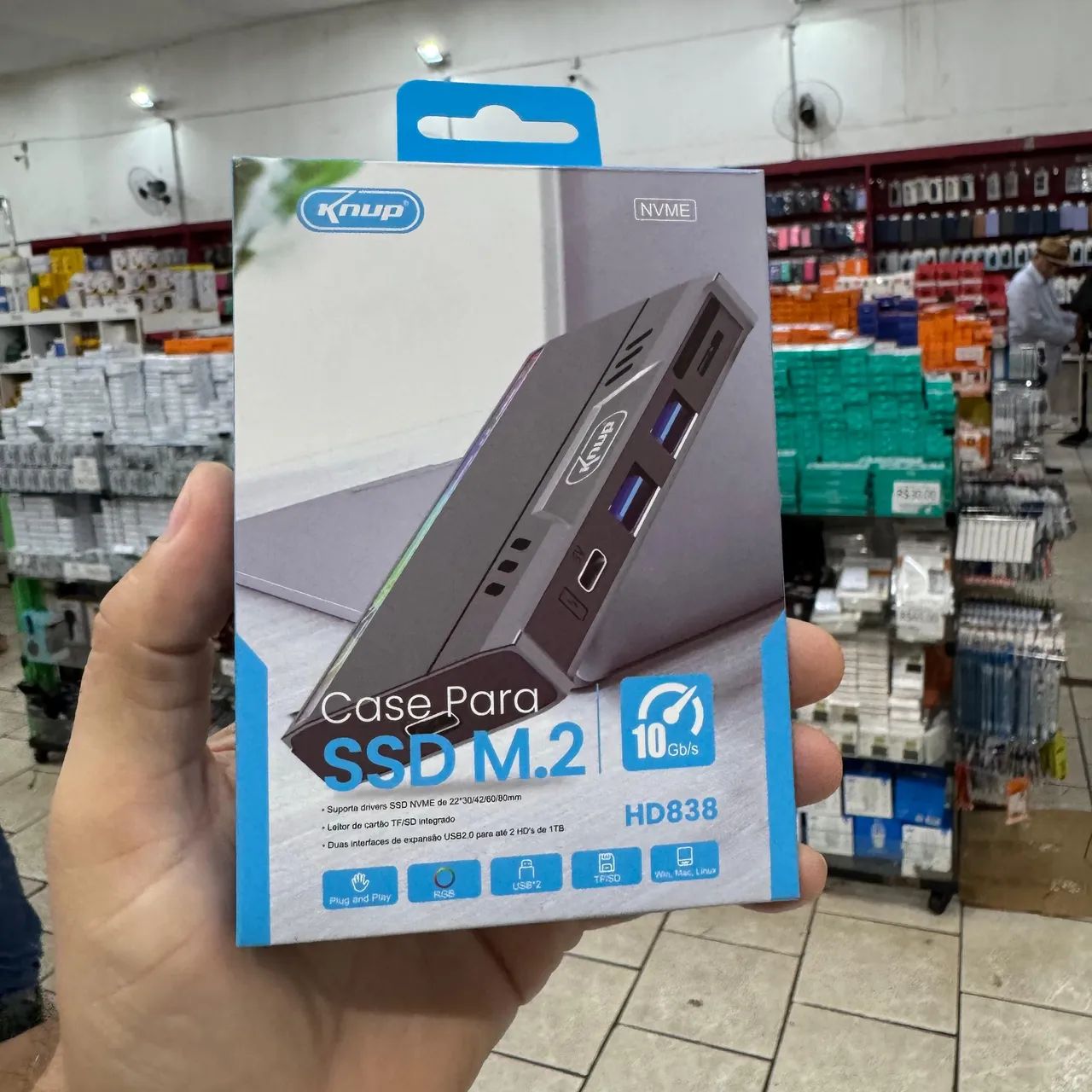 Adaptador Case SSD M.2 NVMe USB 3.1 Tipo-C 10Gbps Knup HD838 com 2 USB + SD/TF