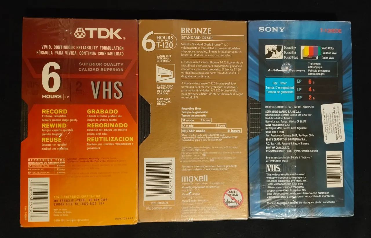 Kit com 5 Fitas VHS Virgens Lacradas - TDK, Maxell e Sony T-120