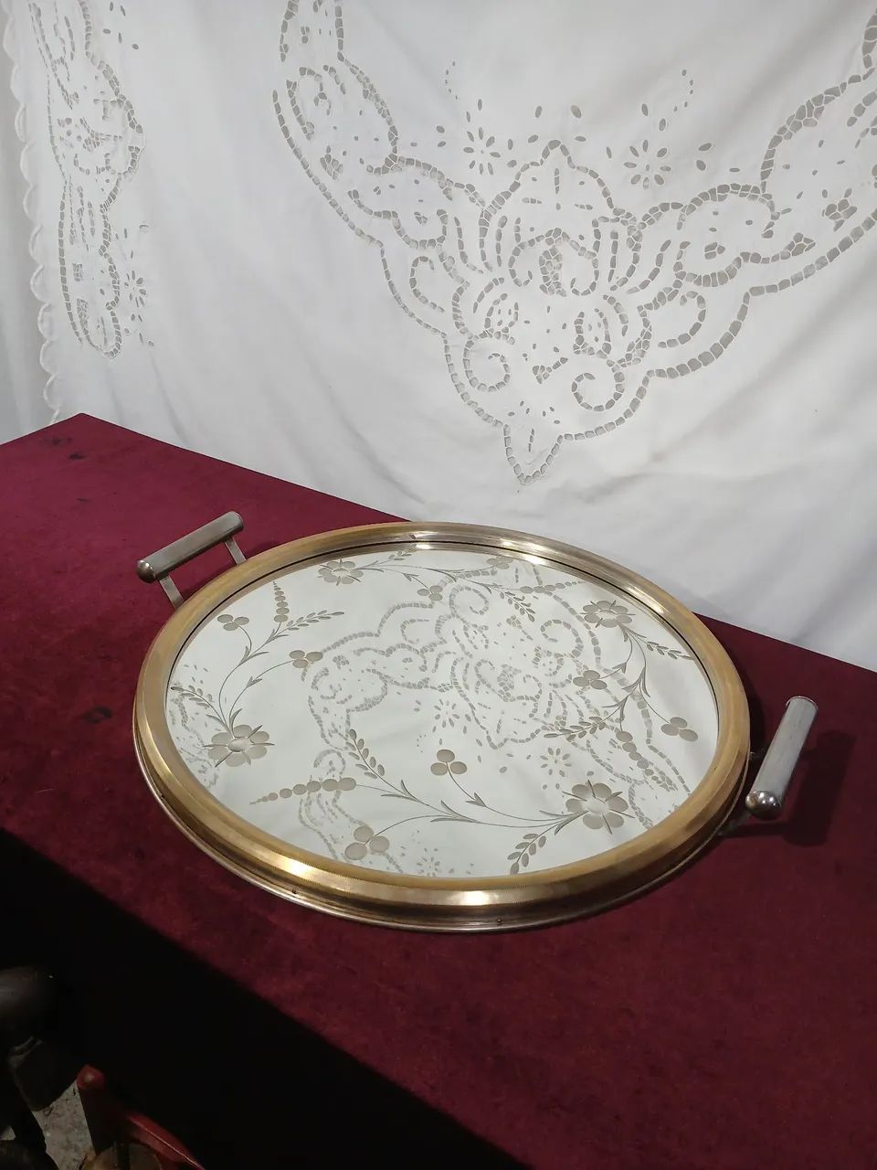 Antiga Bandeja de Metal e Cristal Overley