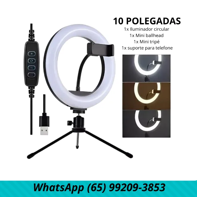 Ring Light 10 Polegadas Com Tripé De Mesa e Suporte de Celular