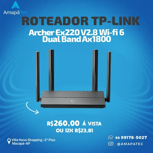 Roteador Tp-link Archer Ex220 V2.8 Wi-fi 6 Dual Band Ax1800 3 Portas Gigabit 4 Antenas