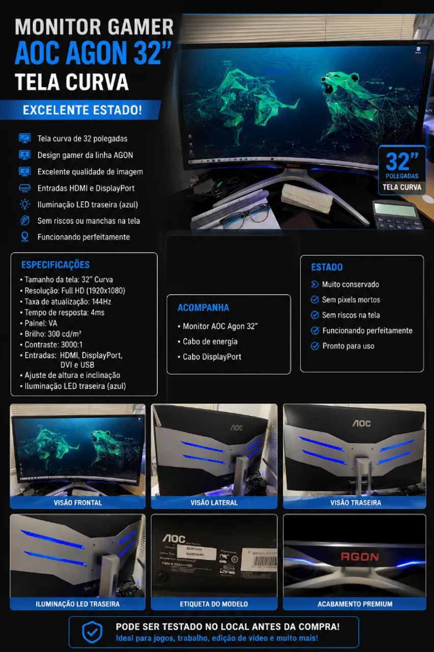Monitor AOC Agon 32 Polegadas Curvo LED Gamer - Impecável - Foto 3