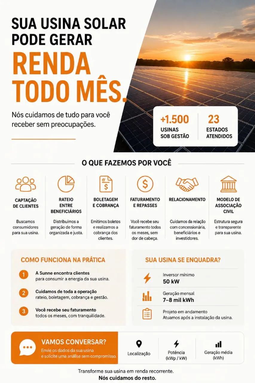 TEM UMA USINA SOLAR? TRANSFORME SUA GERAÇÃO EM RENDA MENSAL ?