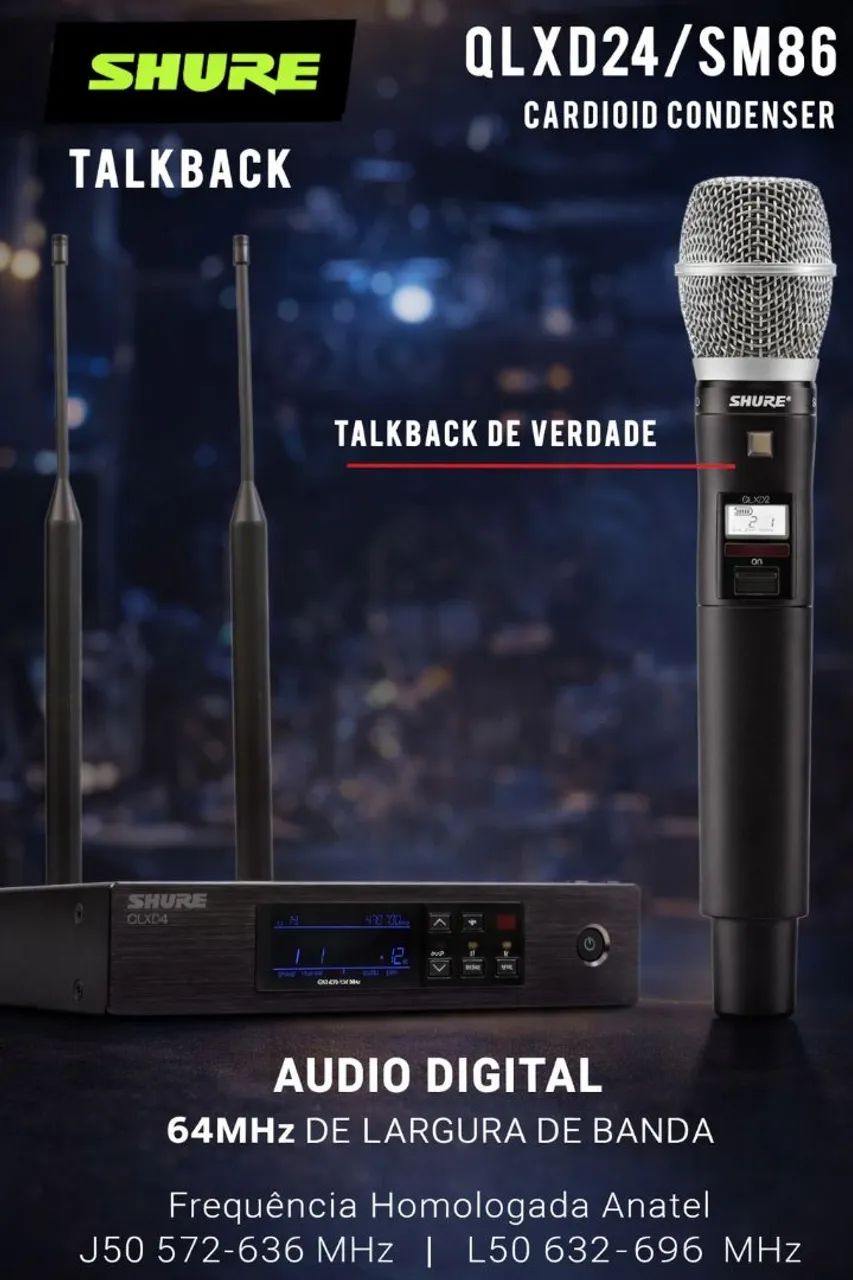 Microfone Digital Profissional Com TALKBACK, SHURE QLXD24 SM86 Condensador Cardioide