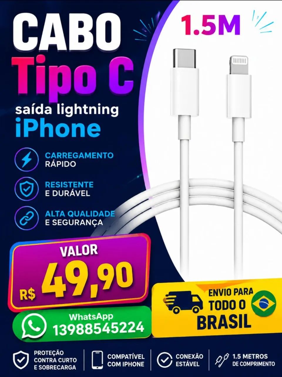 Cabo iPhone tipo lightning 1.5m