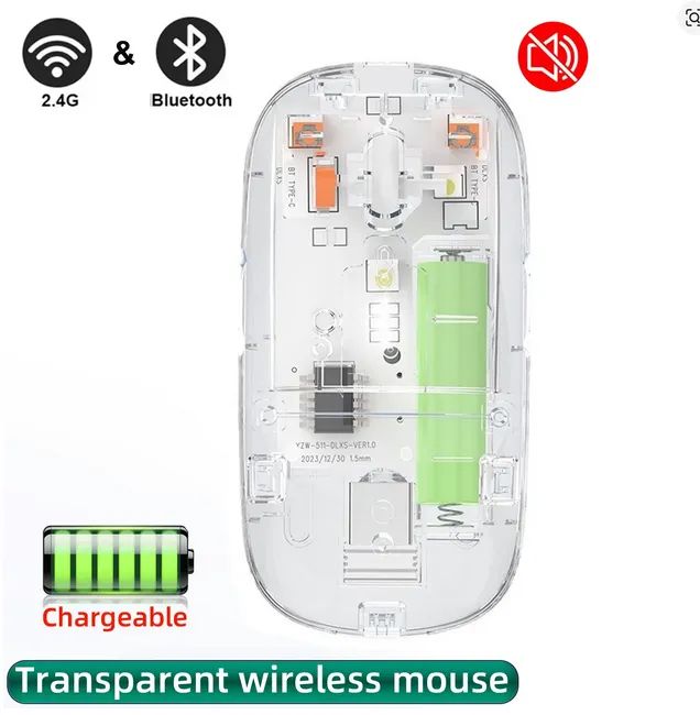Mouse bluetooth 2.4g sem fio, transparente de modo duplo