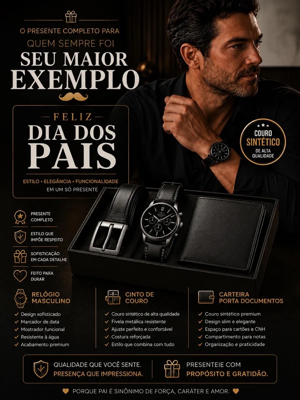 Kit Presente Dia dos Pais, Relógio + Cinto + Carteira Porta Documentos - Foto 2