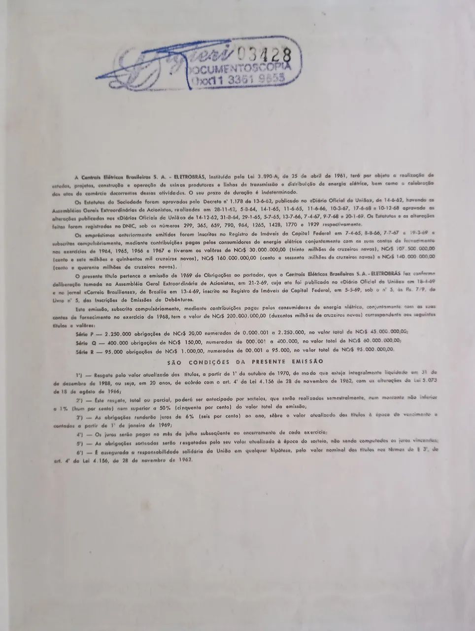 Apólice obrigação Eletrobras série P 20 cupons 1969 - Foto 4