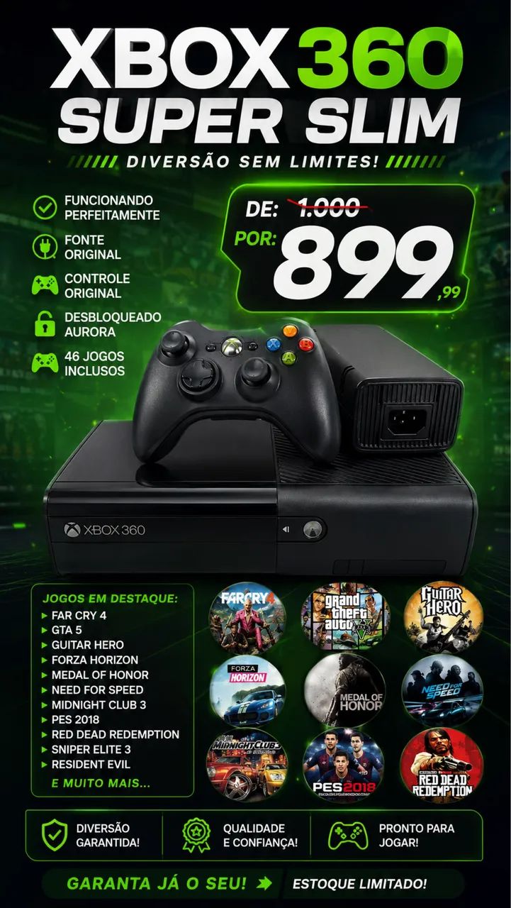 Xbox 360 Super Slim com 46 jogos