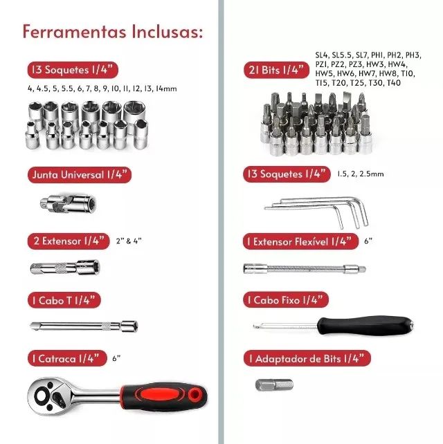 Jogo De Soquete Aço Crv 1/4 Catraca Chave Allen 46 peças com Maleta - Foto 4