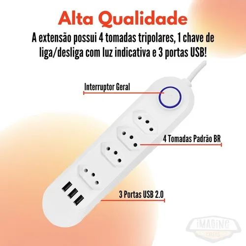 Extensão de Tomada Filtro De Linha Com 4 Tomadas E 3 Entradas Usb 2m - Bivolt - Foto 3
