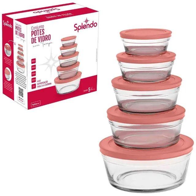 Conjunto Potes De Vidro Com Tampa  5pcs Rosa Splendo Wg11116