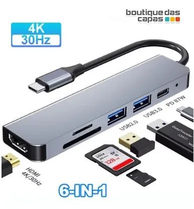 HUB CONVERSOR 6 EM 1 TIPO C X HDMI USB + PD + ADAPTADOR SD/T 4K KP-AD117