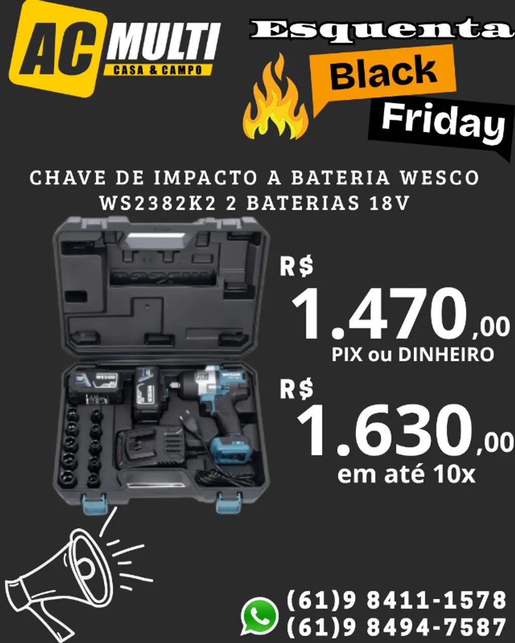 CHAVE DE IMPACTO A BATERIA Wesco WS2382K2 2 BATERIAS 18v