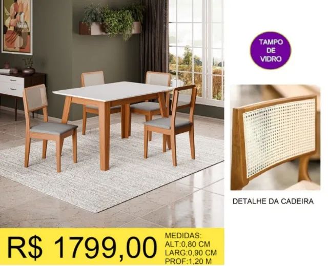 CONJUNTO DE MESA 4 CADEIRAS COM TAMPO DE VIDRO A PRONTA-ENTREGA 