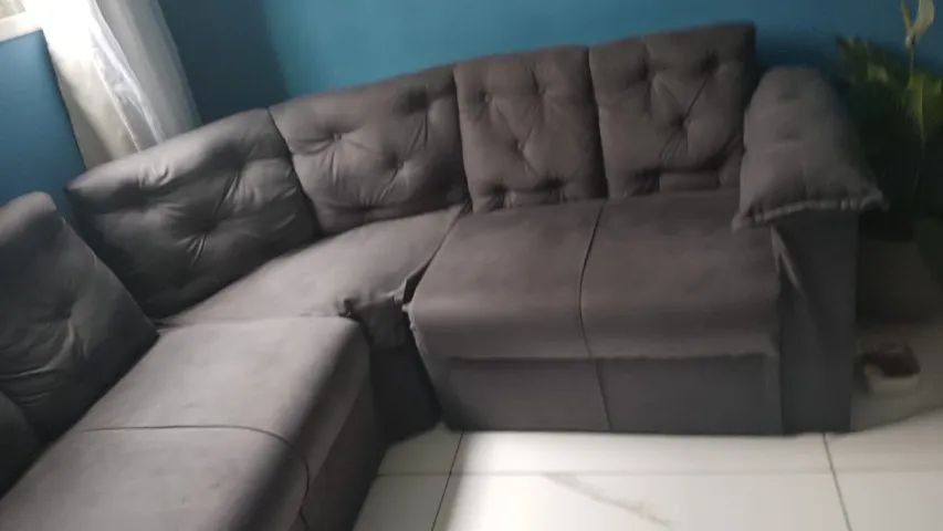 SOFÁ DE CANTO CINZA TECIDO SUEDE 