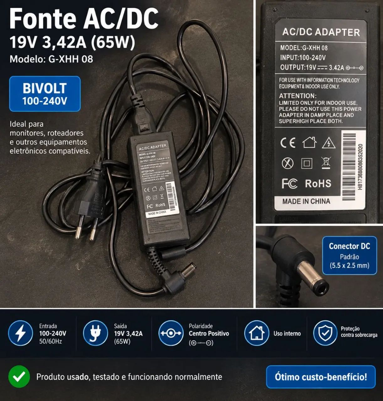 Fonte Carregador 19V 3,42A 65W Bivolt para Notebook
