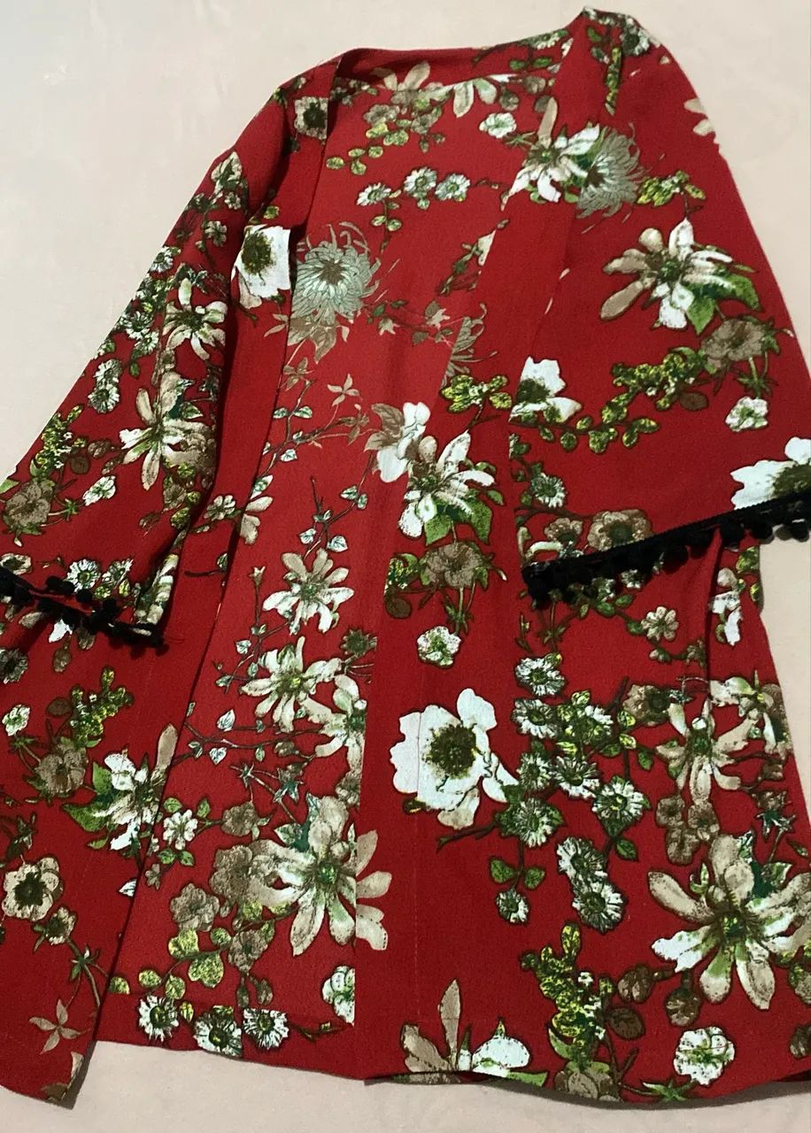 Conjunto short e kimono vermelho estampado M  - Foto 4