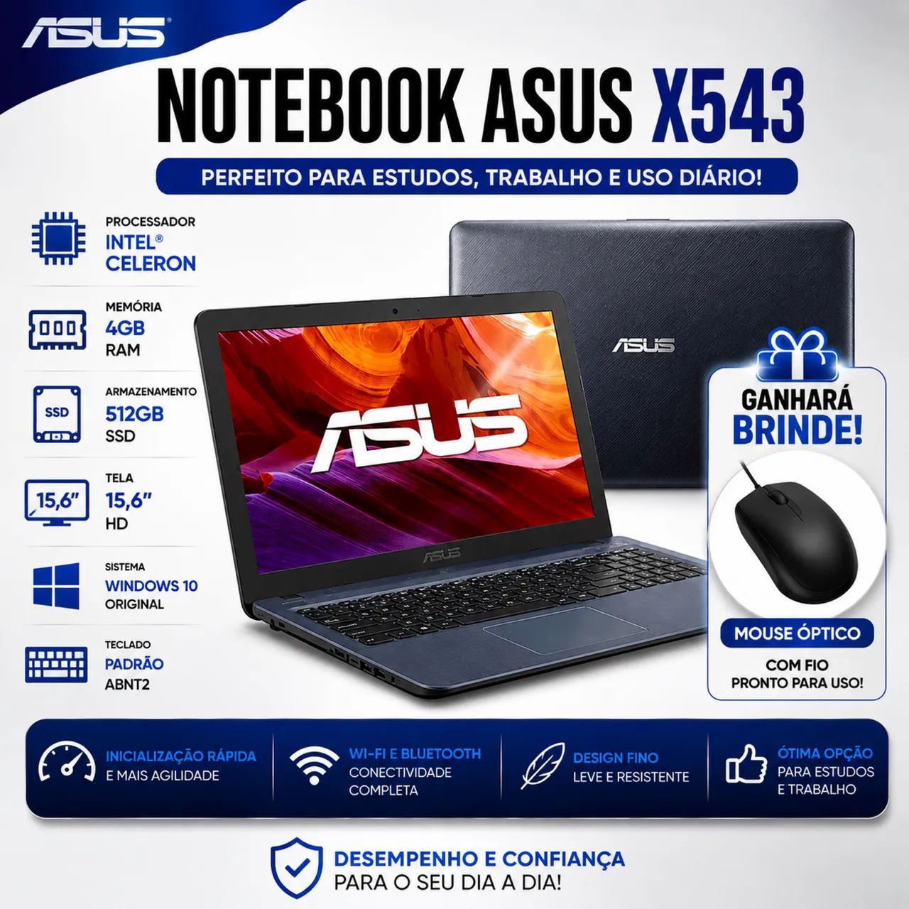 Notebook Asus X543 Intel Core i3 4GB RAM 512GB SSD Windows 11 Notebook para Estudos