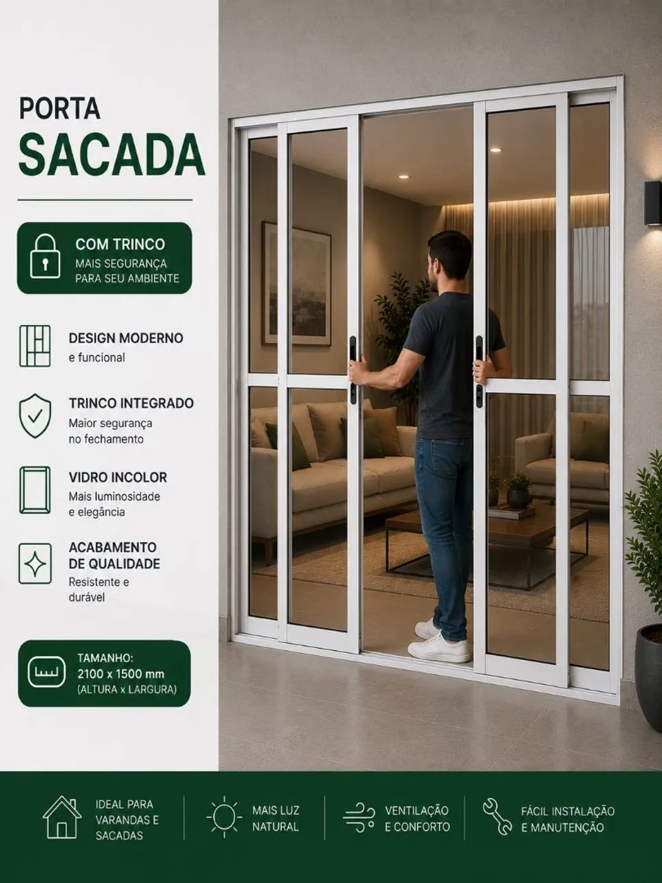 Porta Sacada Alumínio 4 Folhas com Trinco Linha Modular 210x150