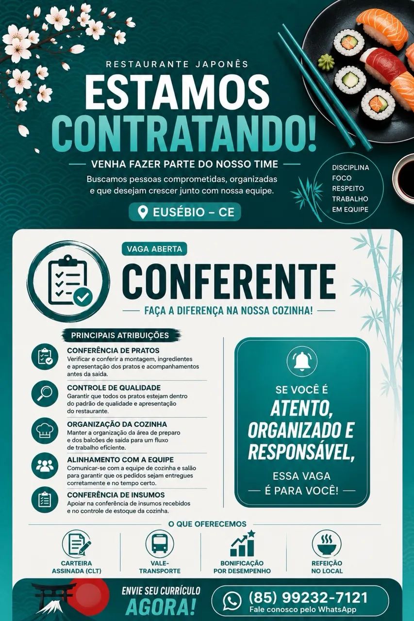 VAGA DE CONFERENTE EM RESTAURANTE NO EUSÉBIO