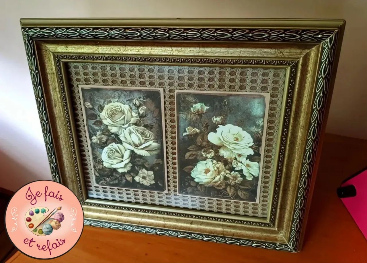 Quadro Retrô de Flores e Fundo trançado 