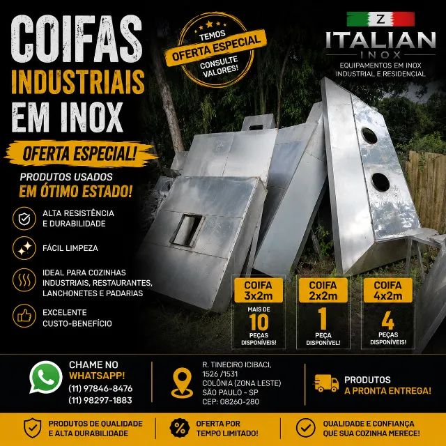 Coifas Industriais em Inox de 2, 3 e  metros