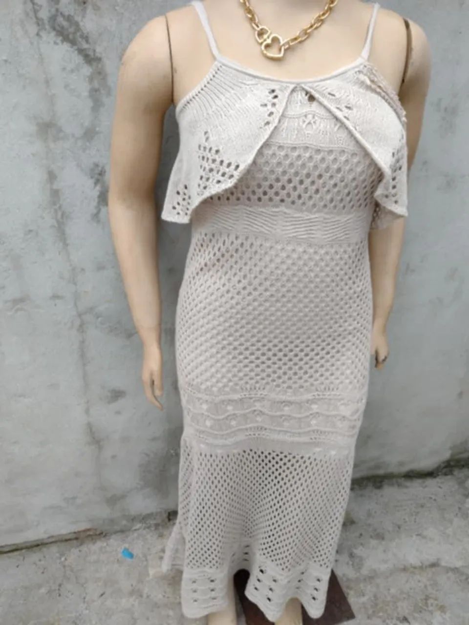 Vestido Crochê Longo Bege