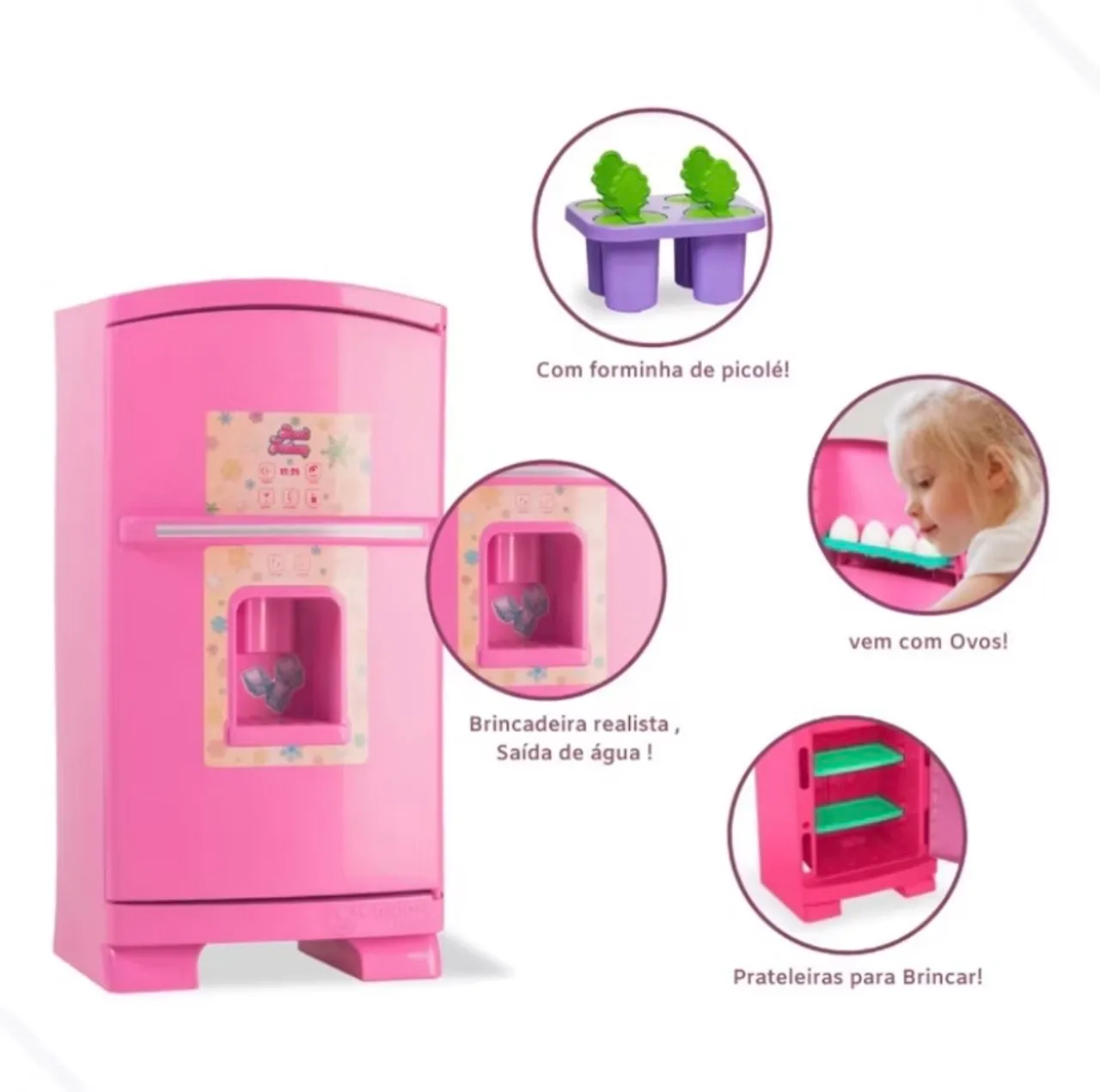 Geladeira Infantil de Brinquedo Rosa com Acessórios