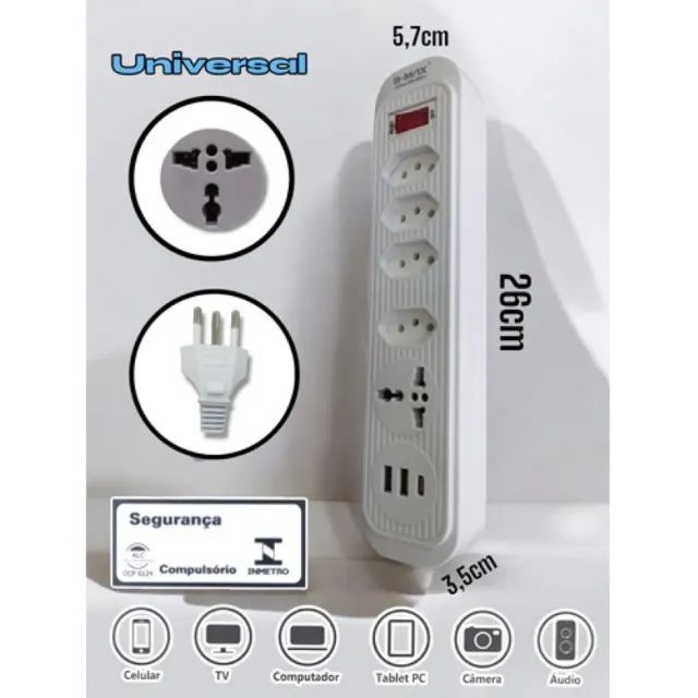 Extensão Filtro De Linha 5 Tomadas 2 Usb 1 Tipo C Universal - Foto 3