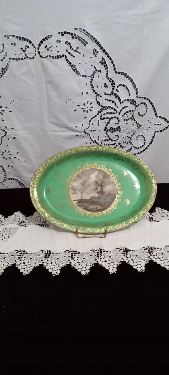 Antiga Travessa De Porcelana Alemã Paisagem De Moinho