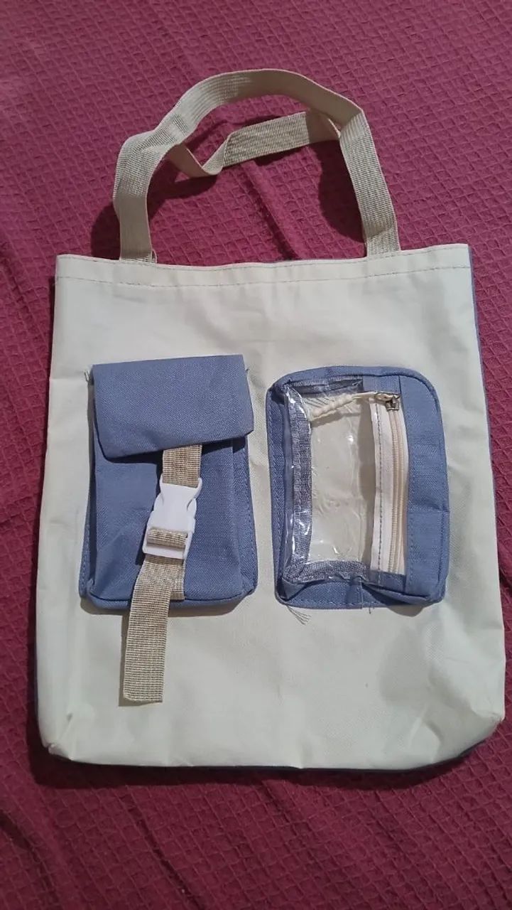 Bolsa Tote Bag Azul e Creme - Estilo Coreano com Bolsos Utilitários  - Foto 3