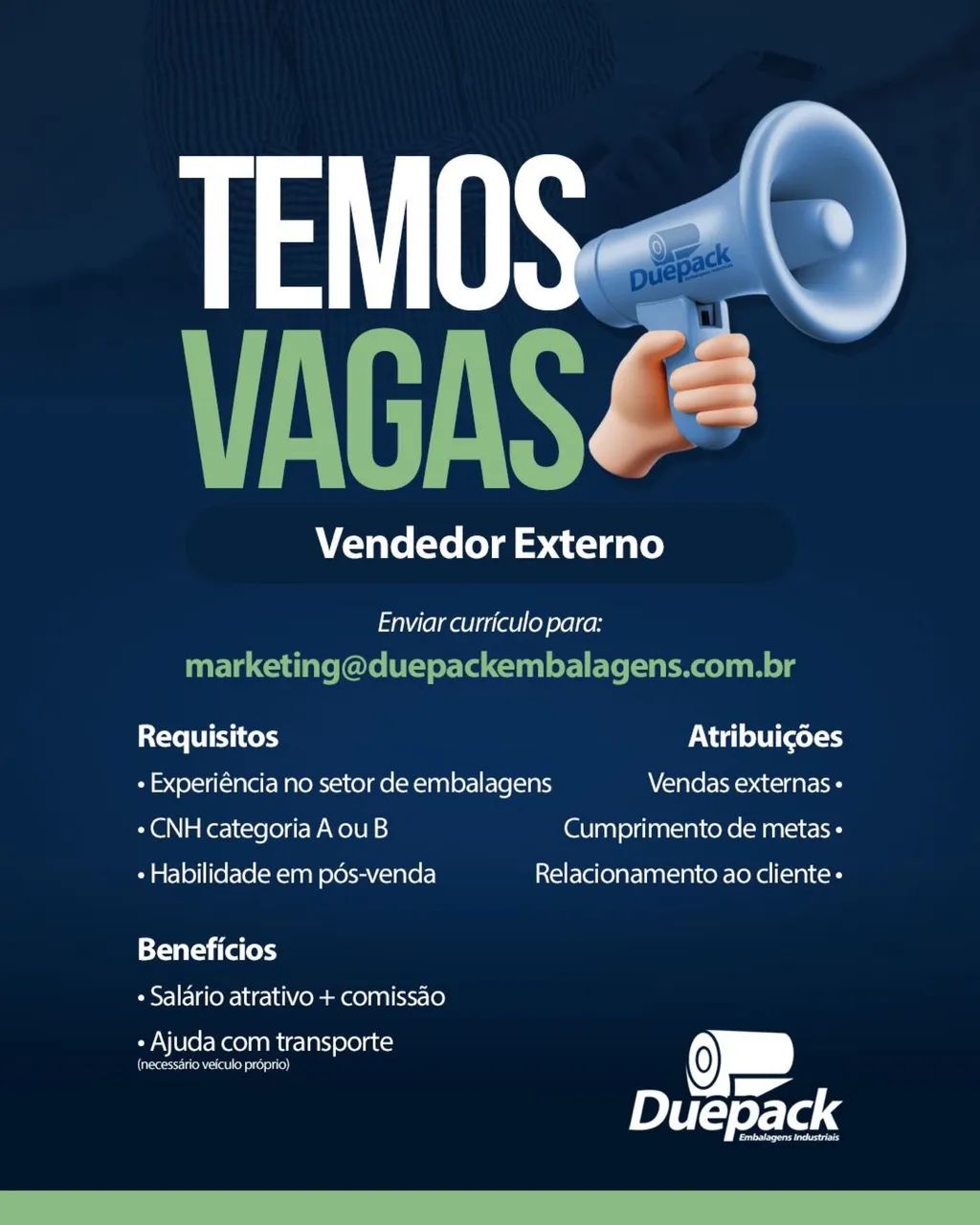 VAGA VENDEDOR - SALÁRIO + COMISSÃO + AJUDA DE CUSTO 