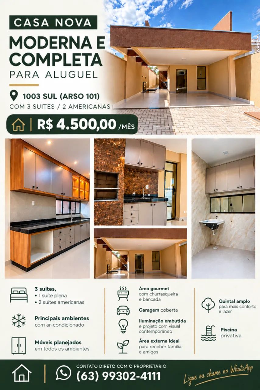 CASA NOVA, MODERNA E SOFISTICADA PARA ALUGAR NA 1003 SUL! 