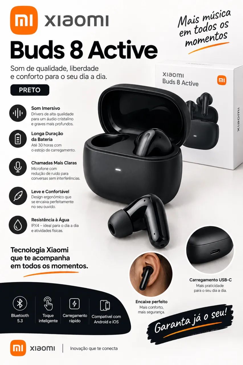 Fone Xiaomi Buds 8 Active preto 