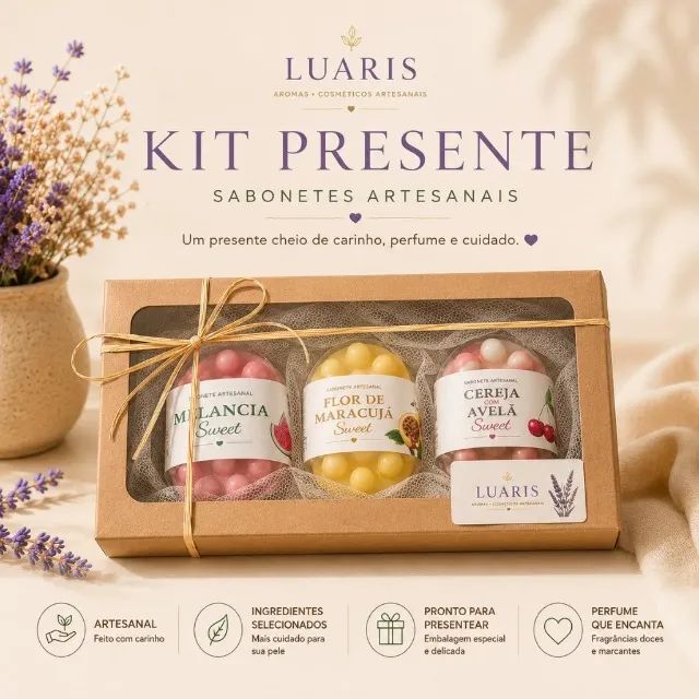 Kit Presente com 3 Sabonetes Artesanais Massageadores