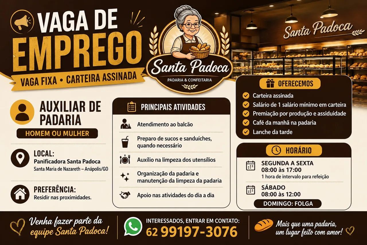 Vaga de auxiliar em padaria 