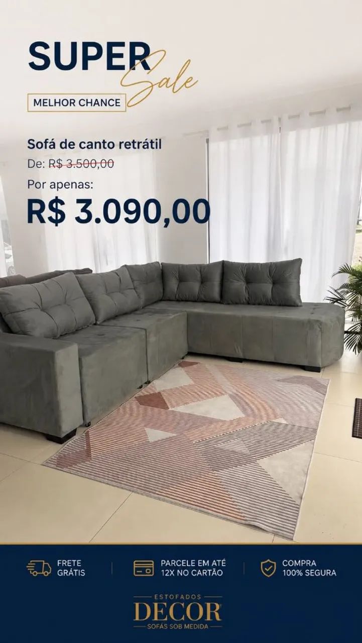 Sofá de canto (2,60m X 2,20m) Tecido suede com acentos retráteis. 