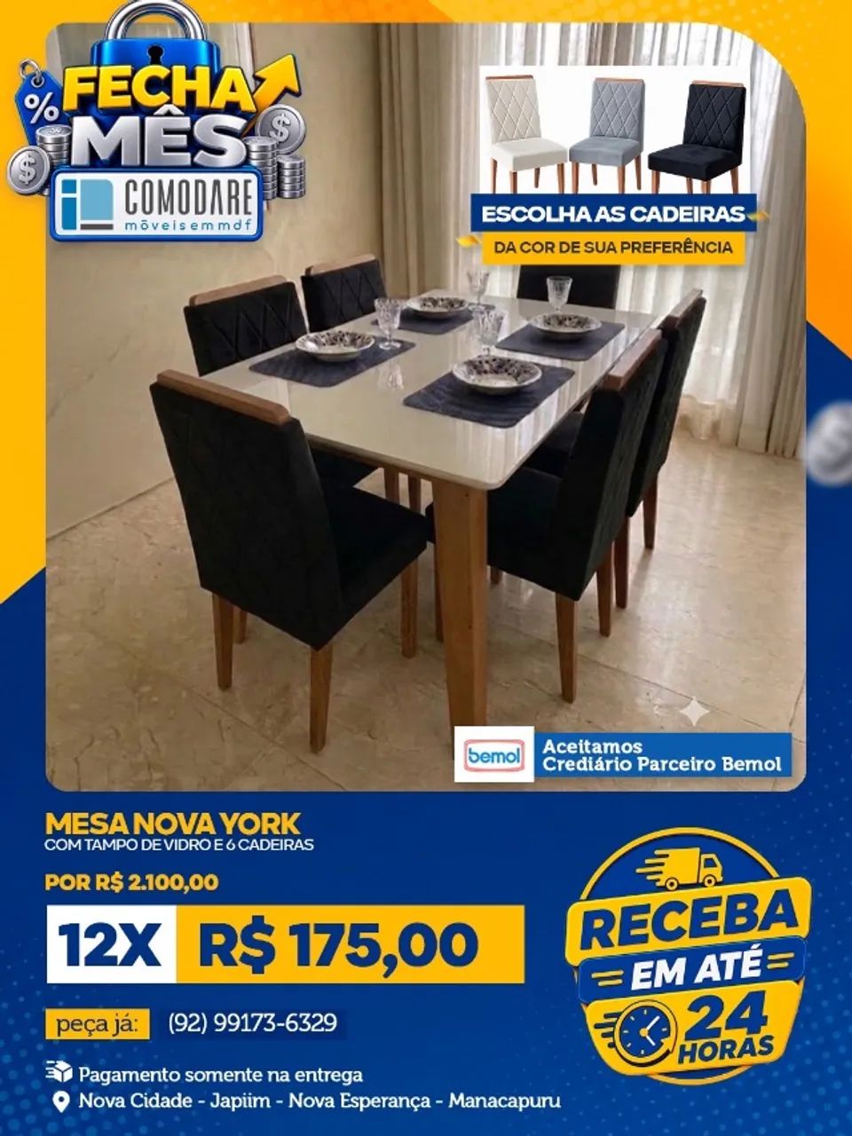 Mesa Nova York com 6 Cadeiras e Tampo de Vidro - R$ 2.100,00