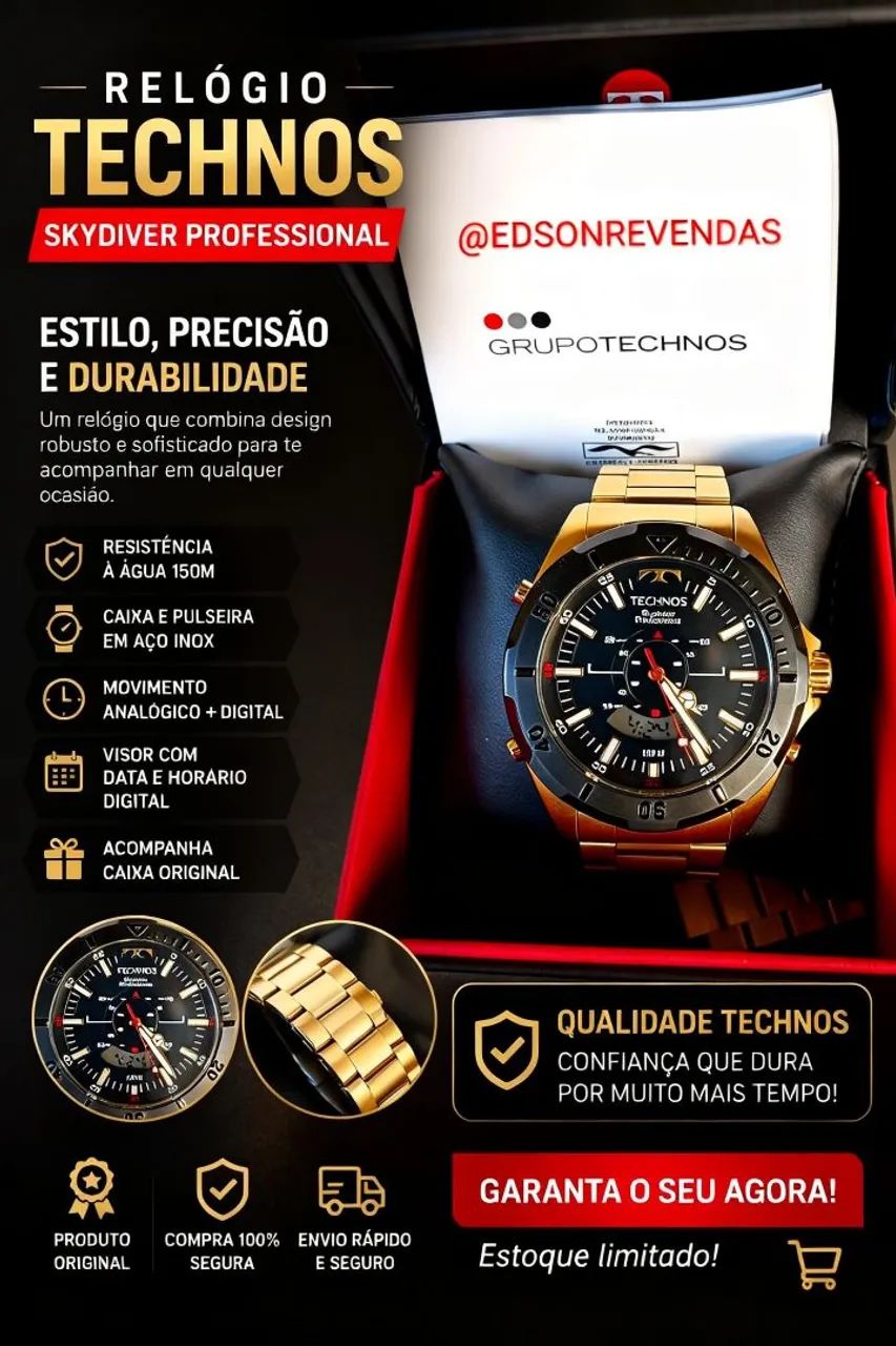 RELÓGIO TECHNOS ORIGINAL PROVA D'ÁGUA 
