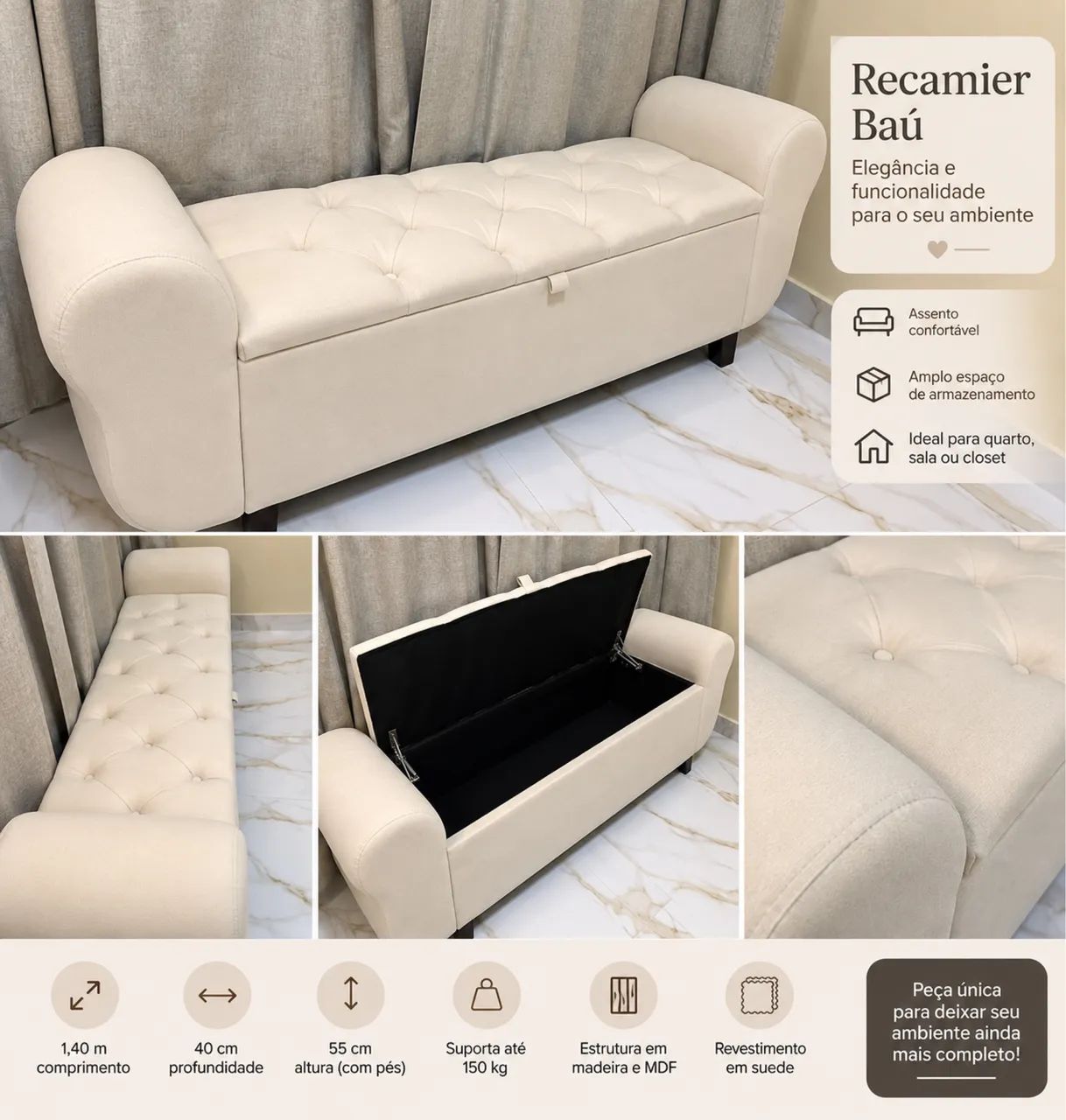 Recamier Baú 1,40m com Capitonê Baú- Bege/Creme - Excelente Estado
