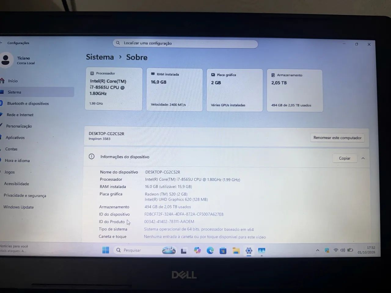 Notebook Dell i7 16gb ram 2T  256 Ssd  - Foto 5
