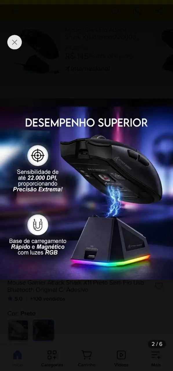 Mouse gamer attack shark x11 preto novo - Foto 2