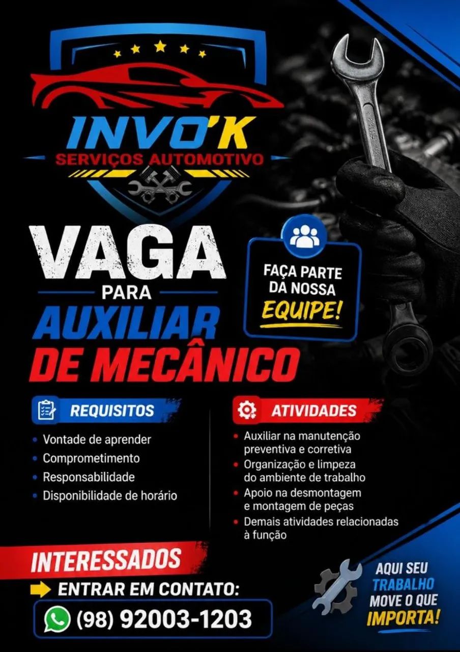Vaga para auxiliar de mecânico 