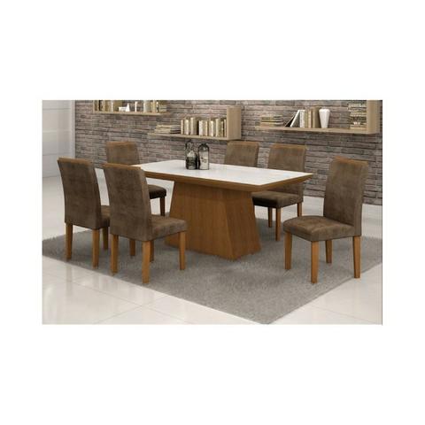 Mesa de Jantar Sevilha Vidro Branco c/06 Cad Suede Animale Marrom/Nogueira - Cel Móveis