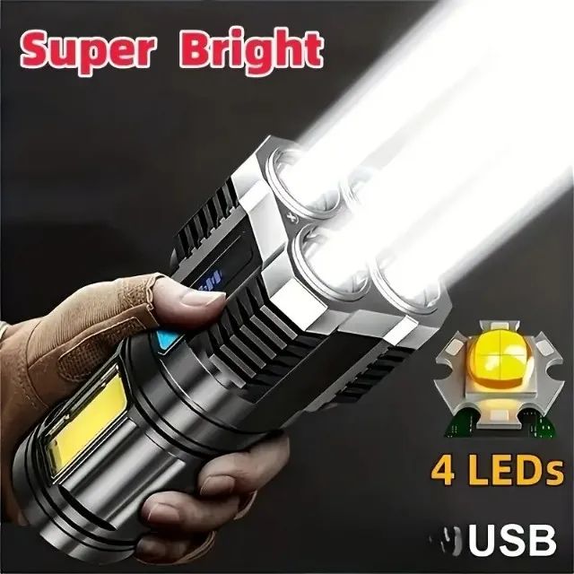 Lanterna LED Tática Ultra Potente 4 Núcleos Alto Brilho Recarregável Longo Alcance